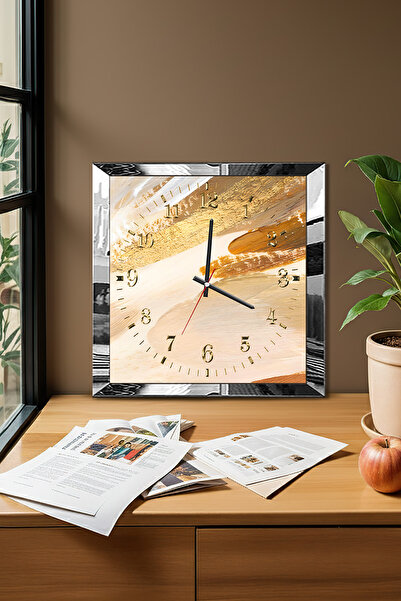 Zevahir Mobilya Dekorasyon Ceas de perete decorativ din MDF cu tematică Golden Stream, cu cadru argintiu