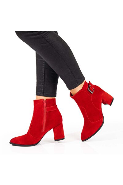 Modlet.ro Ghete de damă din piele întoarsă roșie cu toc și fermoar MOD10675