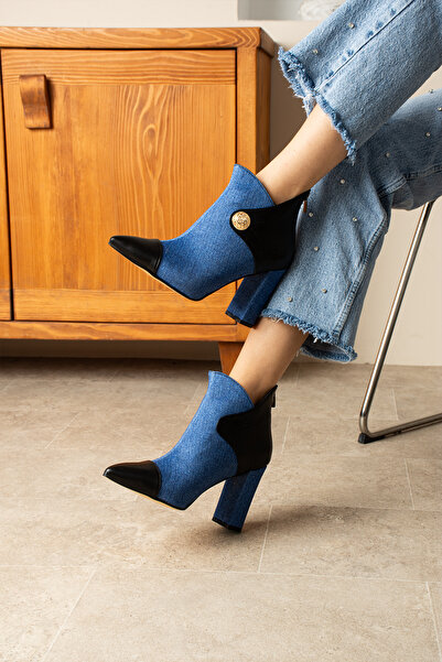 irmona LAYLA KOT SİYAH DERİ DETAYLI 7 CM TOPUKLU BOT BOTTİE