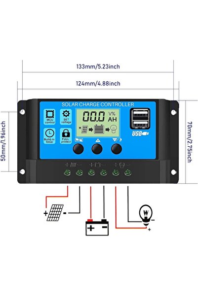 Cozevdnt Solar Panel Regulator 30A Cozevdnt, 2 USB Ports 5V, LCD Display, 12V/24V, 133x70x35mm, Blue/Black