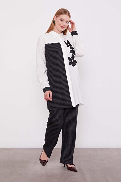 Levidor Μαύρο ριγέ λουλουδάτο σχέδιο διπλό σετ