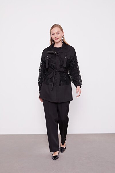 Levidor Black Mesh Detailed Waist-Tied Two-Piece Set