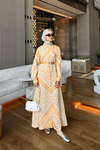 Levidor Safran Yakası Taş Detaylı Desenli Elbise