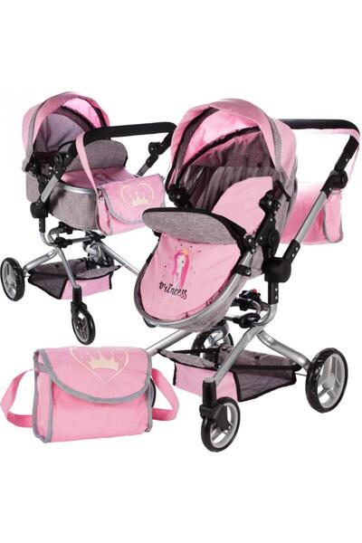 MalPlay 2 in 1 doll stroller, foldable, with adjustable backrest and hood, metal frame, wheels