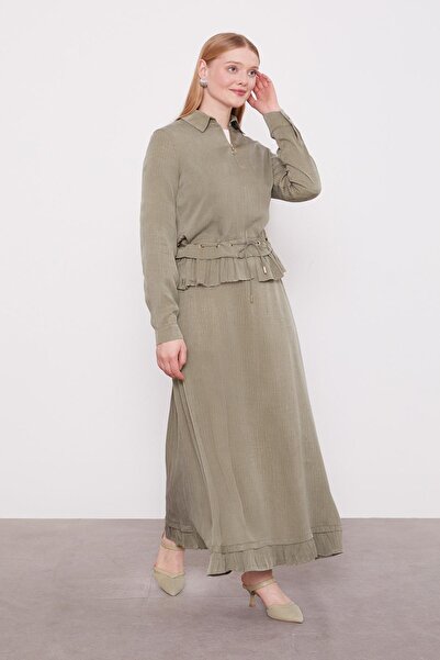 Levidor Khaki Ruffle Detailed Cupra Skirt Set