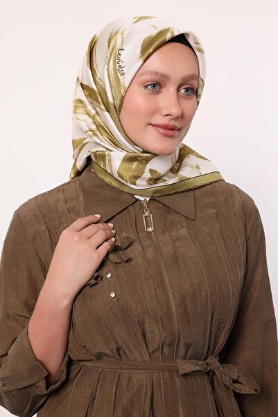 Levidor Oil Green Brush Stroke Pattern Twill Silk Scarf