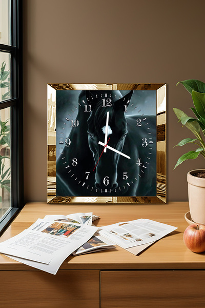 Zevahir Mobilya Dekorasyon Black Horse Themed Decorative Mdf Wall Clock with Gold Frame