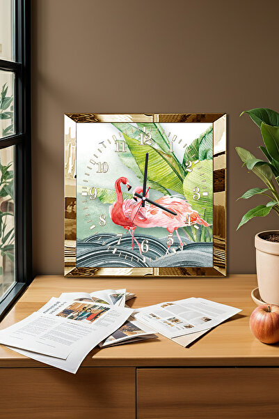 Zevahir Mobilya Dekorasyon Gold Framed Flamingo Themed Decorative Mdf Wall Clock