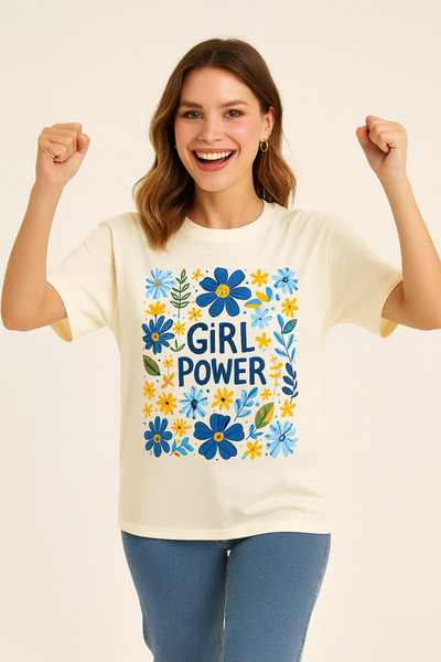 ocke White Oversize Women's T-Shirt Girl Power Printed