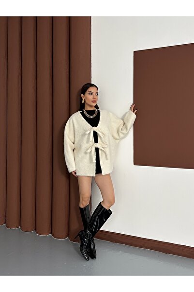 LE CARAMBOLE Women's Ecru Bow Tie Detailed Gray Cashmere Coat