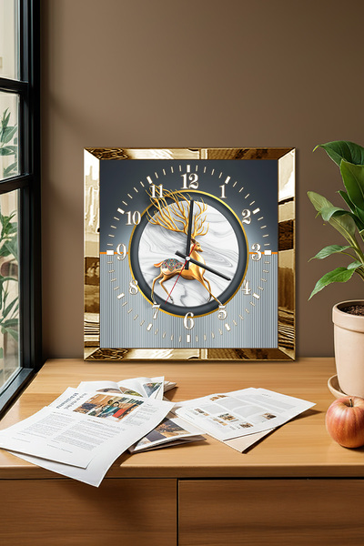 Zevahir Mobilya Dekorasyon Gold Çerçeveli Ceylan Temalı Dekoratif MDF Duvar Saati