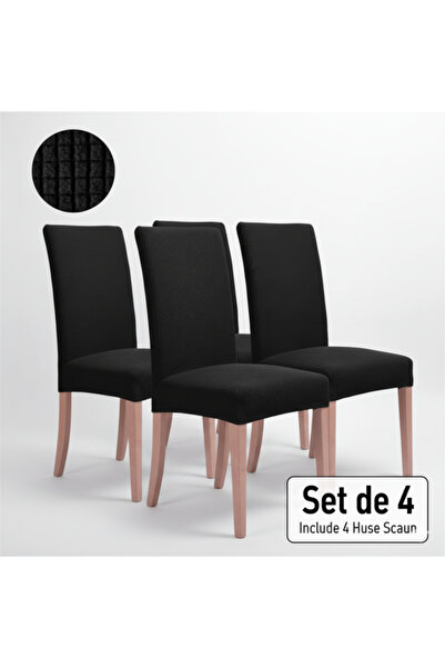 OEM Set 4 huse decorative elastice pentru scaune negre cu carouri în relief – pentru scaune fără brațe