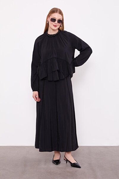 trender Black Stripe Lace Detail Skirt Suit