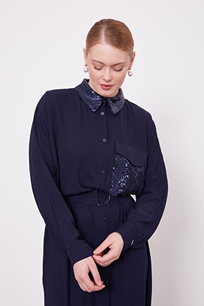 Levidor Navy Blue Tunic with Pocket and Collar Sequin Detail