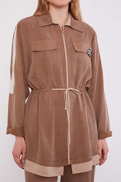 Levidor Camel Stone Stripe Detailed Double Suit