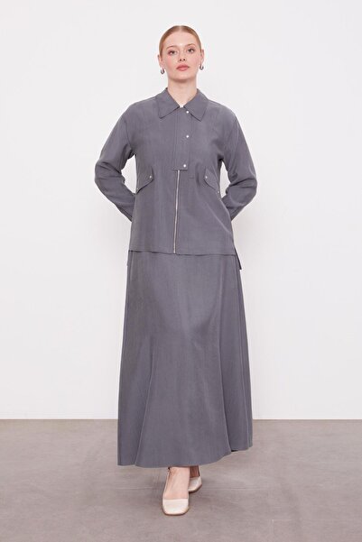 Levidor Gri Cep Detaylı Fermuarlı Etek Takım