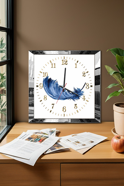 Zevahir Mobilya Dekorasyon Silver Framed Blue Feather Themed Decorative Mdf Wall Clock