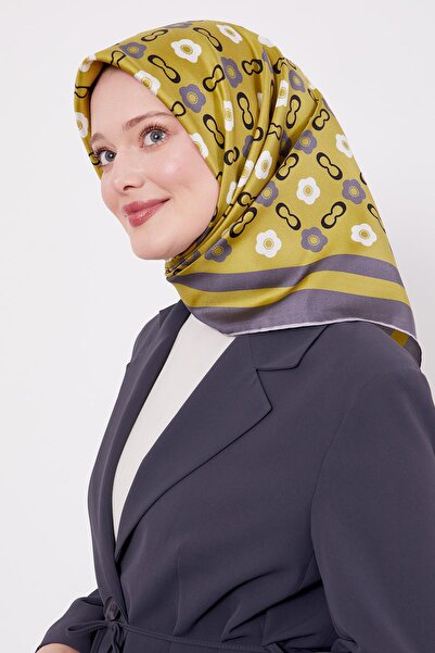 Levidor Oil Green Daisy Pattern Twill Silk Scarf