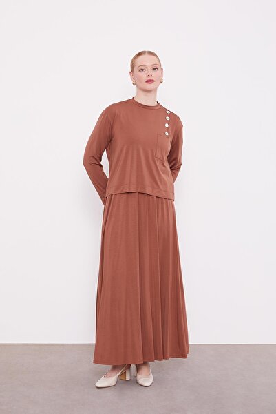 Levidor Brown Shoulder Button Detailed Skirt Set