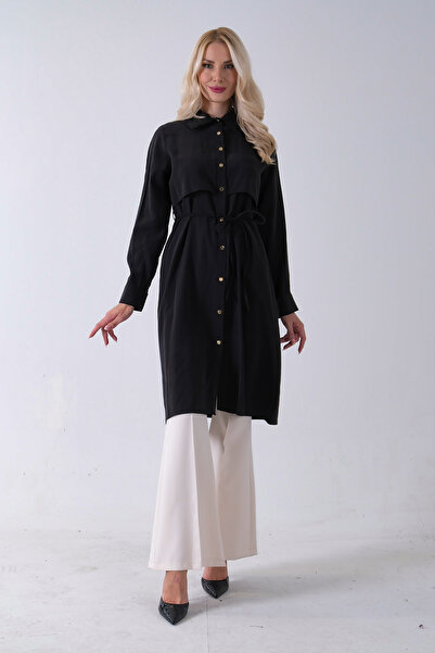 Feminist Önü Aller Detaylı Bağcıklı Modal Tunik Siyah 31050762
