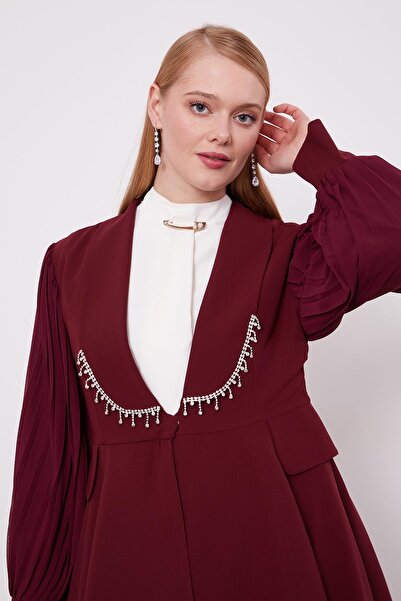 Levidor Burgundy Chiffon Sleeves Stone Detail Two Piece Set