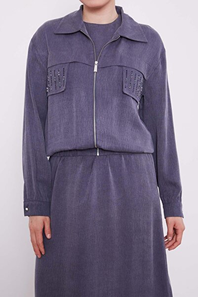 Levidor Navy Blue Stone Detailed Zippered Jacket Set