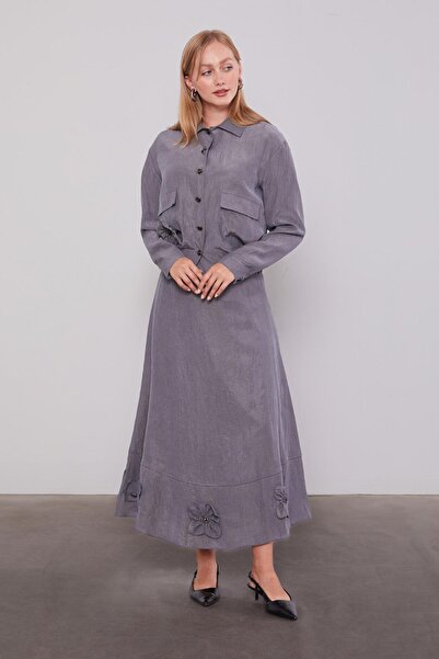 Levidor Gray Rose Detailed Cupra Skirt Suit