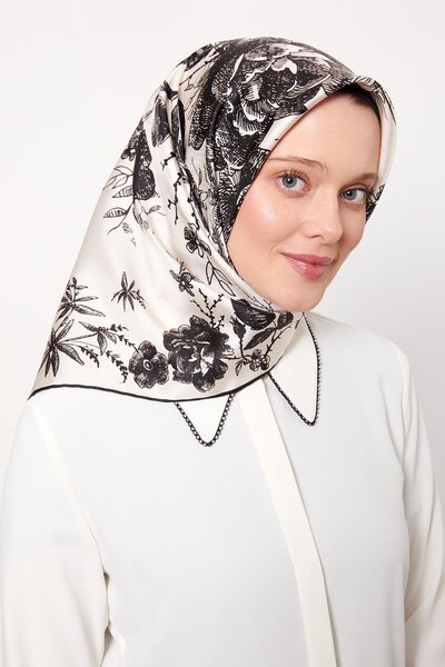 Levidor Ecru Abstract Rose Pattern Twill Silk Scarf