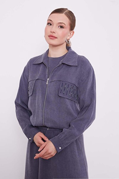 Levidor Navy Blue Stone Detailed Zippered Jacket Set