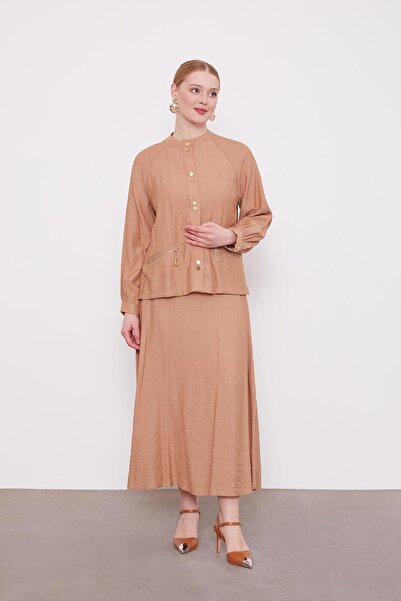 Levidor Camel Double Button Detailed Skirt Suit
