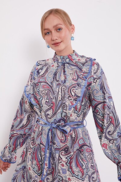 Levidor İndigo Fırfırlı Etnik Desen Elbise