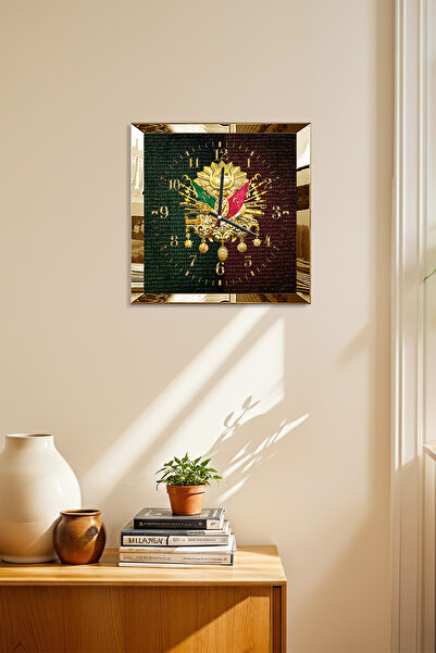 Zevahir Mobilya Dekorasyon Gold Çerçeveli Yeşil Ve Turuncu Motifli Osmanlı Tuğrası Temalı Dekoratif MDF Duvar Saati
