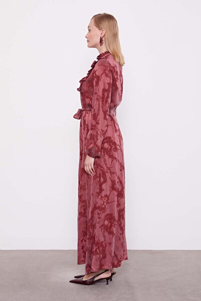 Levidor Bordo Fırfır Detaylı Cupra Elbise