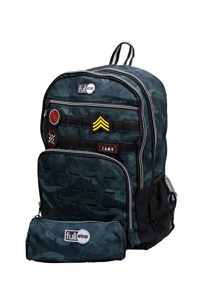 FULL STOP Backpack 2 Main Compartments and 1 Front W/Pencil Case Army Color