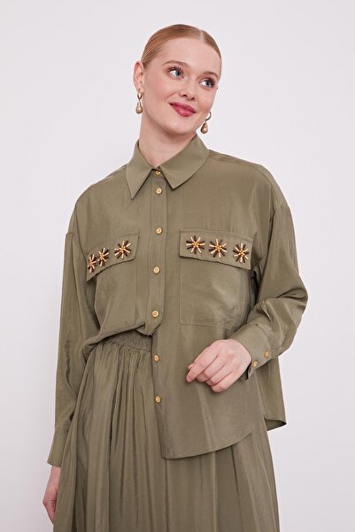 Levidor Haki Cep Boncuk Papatya Detaylı Etek Takım