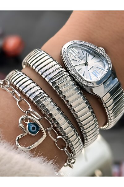 Reward Stone Snake Watch from Thick to Thin (2 Laps), Small Case 24 Mm, 3 Atm Silver Steel Band, Bracelet