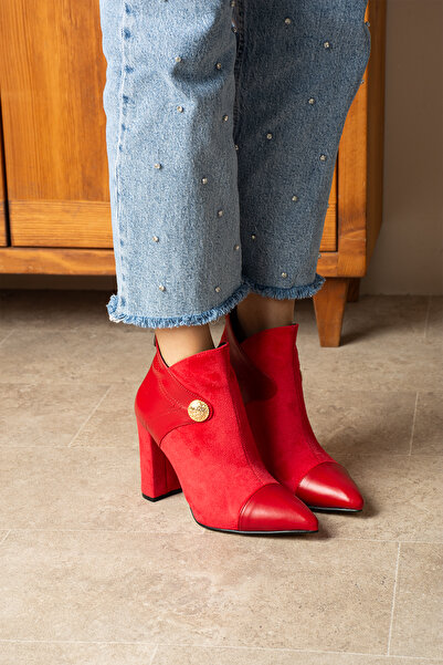 irmona LAYLA KIRMIZI SÜET DERİ DETAYLI 7 CM TOPUKLU BOT BOTTİE