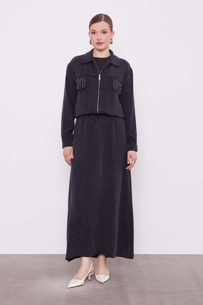 Levidor Black Stone Detailed Zippered Jacket Set