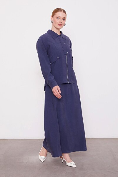 Levidor Navy Blue Pocket Detailed Zippered Skirt Set