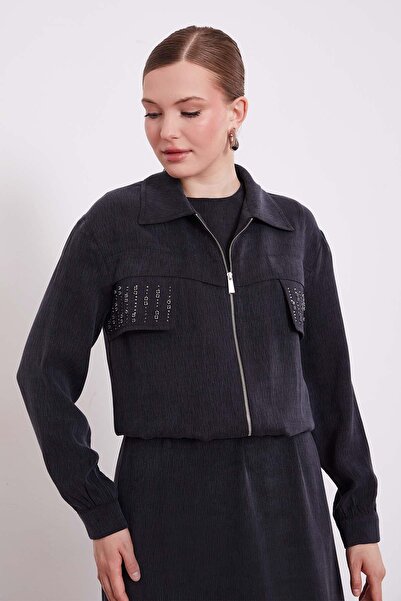 Levidor Black Stone Detailed Zippered Jacket Set