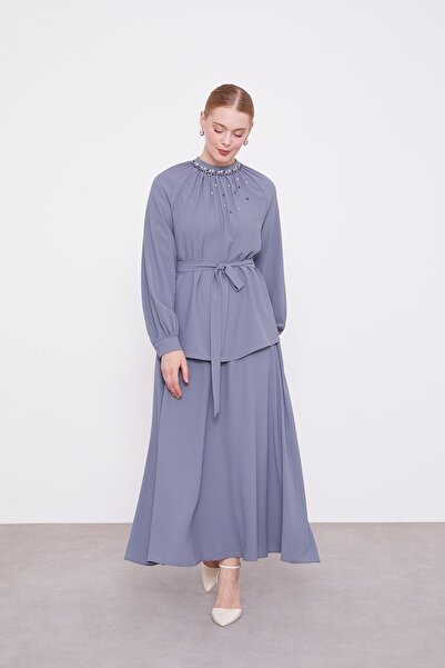 Levidor Anthracite Pearl Collar Detail Skirt Set