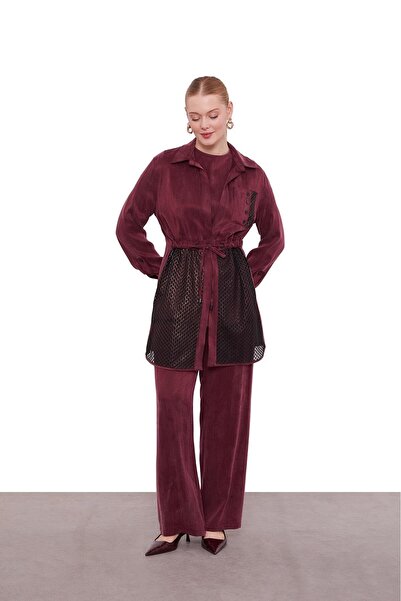 Levidor Burgundy Mesh Detailed Three-Piece Set