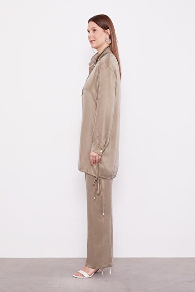 Levidor Khaki Stand Collar Button Detailed Cupra Two-Piece Suit