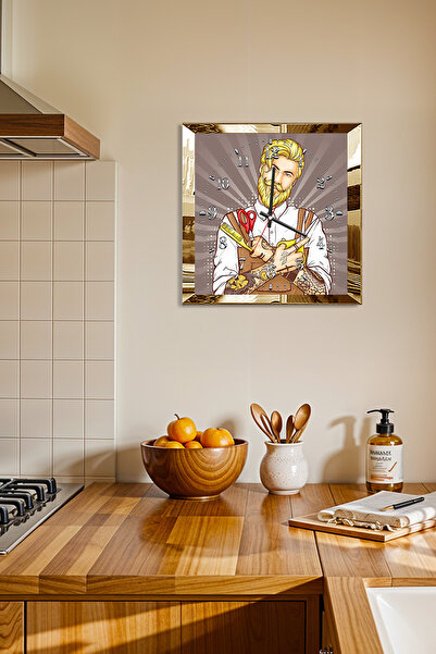 Zevahir Mobilya Dekorasyon Gold Çerçeveli Berber Temalı Dekoratif MDF Duvar Saati