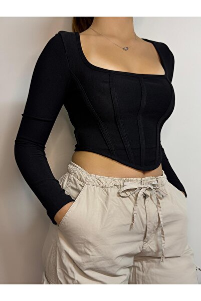 VİZORA BUTİK المرأة ساحة الرقبة طويلة الأكمام مشد نظرة مضلع سروال قصير بلوزة