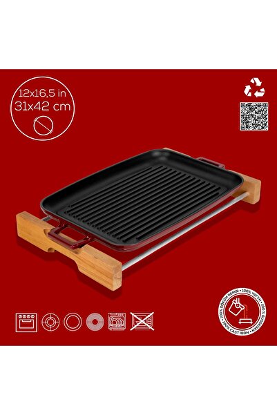 Lava Döküm Dikdörtgen Izgara Tepsi Kayın Servis Ahşabı Döküm Demir Yekpare Çift Kulplu Ölçü 31x42cm.