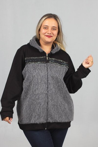 Truva XXL Plus Size Front Fur and Stone Embroidered Hooded Coat