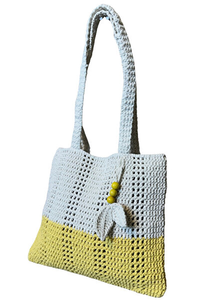 Uretti - Geantă de umăr Emine 9106, tricotată manual, cu mărgele din lemn, model cu două culori, din bumbac - 30 x 26