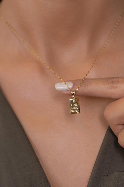 Bayar Gold 14 Ayar Altın Külçe Tasarımlı Tektaş Kolye