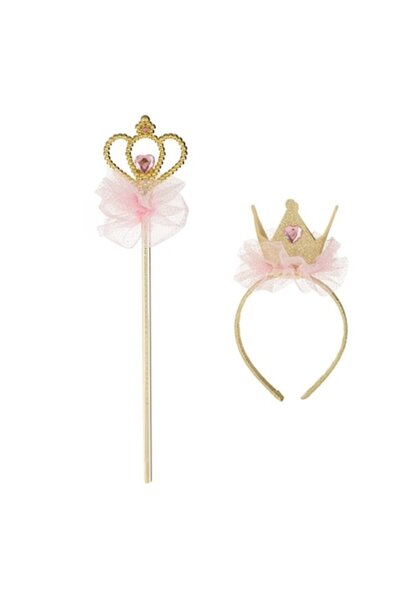 OEM Set bentiță cu coroană aurie cu sclipici, tul roz și baghetă